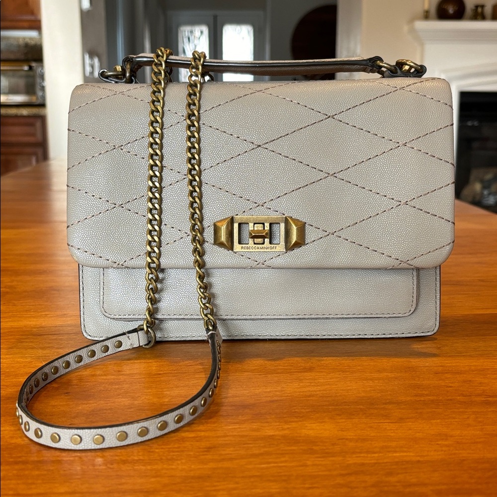 REBECCA MINKOFF Top Handle Crossbody Taupe Leather Bag Removable Chain Strap Lux